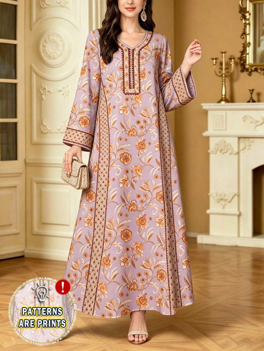 SHEIN Najma 复古黄色碎花V领长袖连衣裙，女士时尚优雅长裙，波西米亚风格服装，春夏碎花连衣裙，阿拉伯风格服饰 - 彩色 - 查看 1