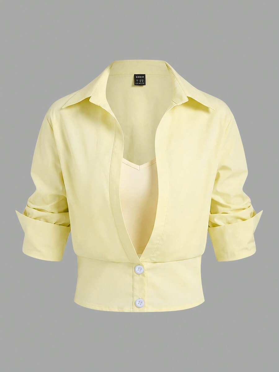 EMERY ROSE Camisa de manga larga de unicolor 2 en 1 para mujer - Amarillo claro - Ver 1