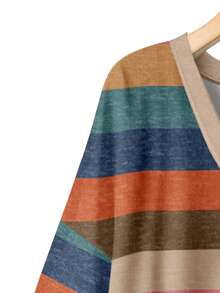 EMERY ROSE Plus Size Women Casual Colorful Striped V-Neck Drop Shoulder T-Shirt - Multicolor - View 5