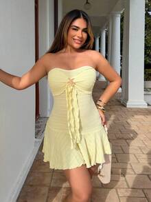 Maria Perezxox 黄色针织提花金属海星装饰荷叶边收腰迷你连衣裙，女士春夏款，适合度假、海滩、波西米亚风、优雅派对、浪漫约会等场合，百搭时尚 - 黃色 - 查看 3
