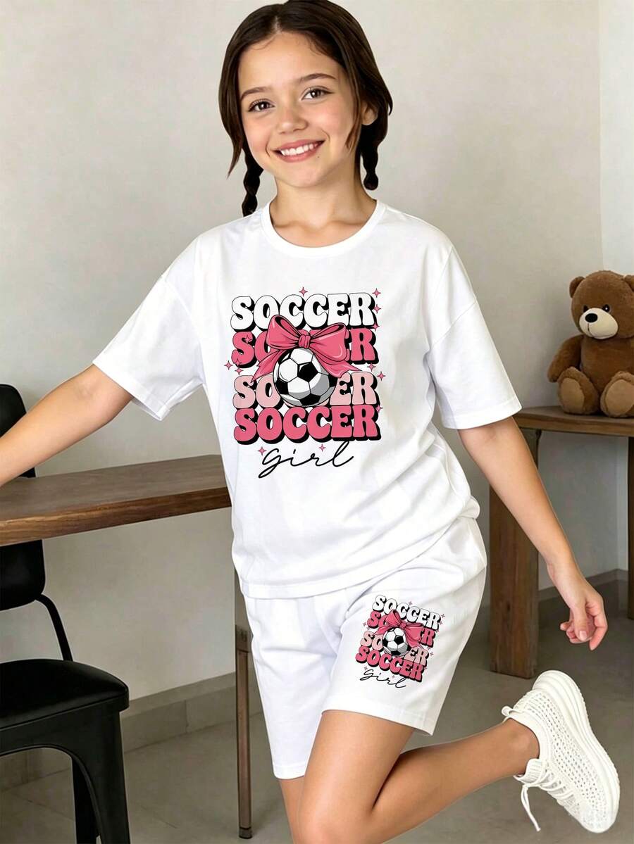 女童休闲T恤短裤套装(2件套),足球字母图案,适合春夏日常穿着、户外休闲。 - 白色 - 查看 1