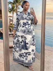 SHEIN Lady CURVE Plus Size Elegant White Floral Print Loose Notch Neck Dress,Summer Boho Kaftan Women's Holiday Resort Wear,Tea Party Casual Beach Cover Ups Outfit - Multicolor - View 3