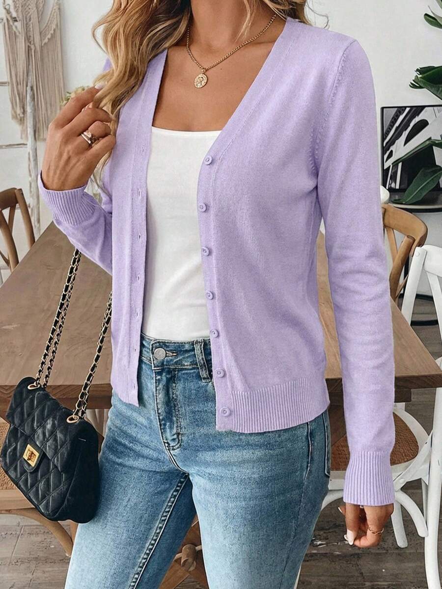 Women's Solid Color Front Button Elegant Fitted Long Sleeve Cardigan - Lilac Purple - View 1