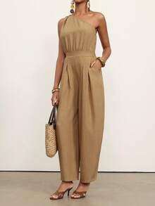 Vesra Bộ jumpsuit nữ dáng rộng, xếp ly, bất đối xứng, có túi vai, chất liệu vải dệt họa tiết, kiểu dáng thường ngày. - Màu Khaki - Xem 6
