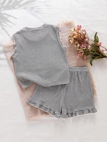 SHEIN Vintaside Kids 2件套女童条纹提花针织宽松背心短裤套装，适合休闲、度假、运动、夏季穿着 - 黑色 - 查看 3