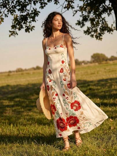 CAJUNI Red And Green Arabic Floral Print Midi-Length Spaghetti Strap Dress