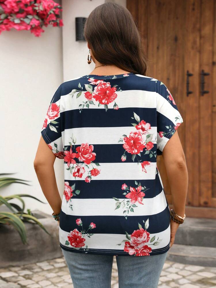 Plus Size Women Summer Casual Floral Print Short Sleeve T-Shirt Summer Top  Summer Outfit For Women Beach Outfit For Women