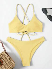 Swim Basics 女款夏季海灘純色綁帶性感比基尼泳衣套裝，無鋼圈 - 黃色 - 查看 6