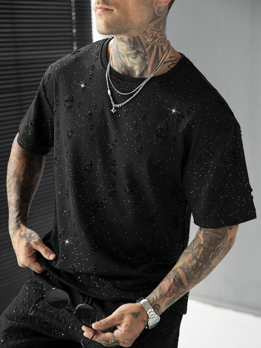 SLATEMANN Men's Sequin Round Neck Short Sleeve T-Shirt, Holiday - Black - View 1