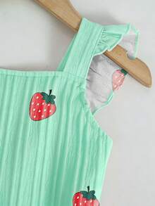 Elladie kids 1 Stück weißer ärmelloser Jumpsuit mit Kirschprint und Träger-Design für Kleine Mädchen, mit niedlichen Rüschenärmeln und roter Verzierung, locker geschnitten für bequemen Alltags-Tragekomfort, geeignet für Casual, Homewear, leichte Outdoor-Aktivitäten im Frühling/Sommer - Grün - Übersicht 5