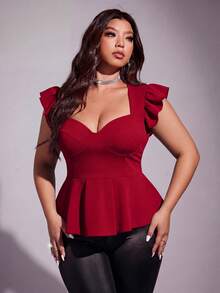 Viva Relle Plus Size Women Summer Burgundy,Autumn,Curve,Elegant 70's,Satin,Cocktail Sweetheart Neckline Flutter Sleeve Shirt,Sweet Spicy Casual Top Dates Party - Red - View 3
