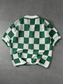ROMWE MEN Áo khoác cardigan nam dệt họa tiết bàn cờ, cổ , tay ngắn, dáng rộng, phong cách retro, phối màu tương phản, nhẹ, thích hợp cho mùa hè. - màu xanh lá - Xem 3
