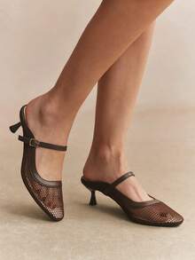 Rosivie Sepatu hak tinggi wanita model terbaru musim semi dan musim panas, desain ujung persegi kecil, nyaman dan simpel untuk liburan, sepatu hak tinggi wanita, wajib dimiliki untuk bepergian, kasual dan serbaguna. - Coffee Brown - View 5