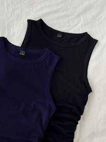 Tseoso 2pcs/Set Women Casual Minimalist Round Neck Tight Fitting Camisole, Suitable For Summer - Multicolor - View 5