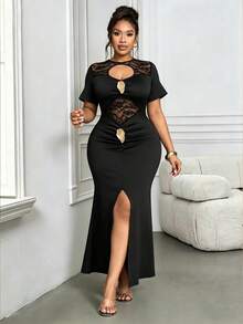 Villa Velisse Plus Size Women Elegant Sexy Fitted Contrast Lace Long Dress Cocktail Black Summer - Black - View 5