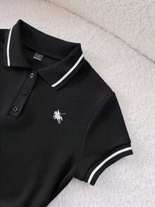 Elamini Conjunto de 2 piezas de camiseta con cuello y fruncido casual y falda A-line bordada, azul marino, para primavera y verano - Negro - Ver 5