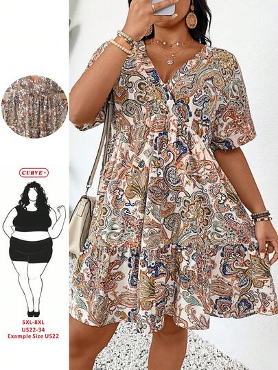 SHEIN CURVE+ 喇叭下摆收腰大码连衣裙，适合乡村音乐会、毕业典礼、夏季、早午餐、母亲节、教堂等场合穿着。