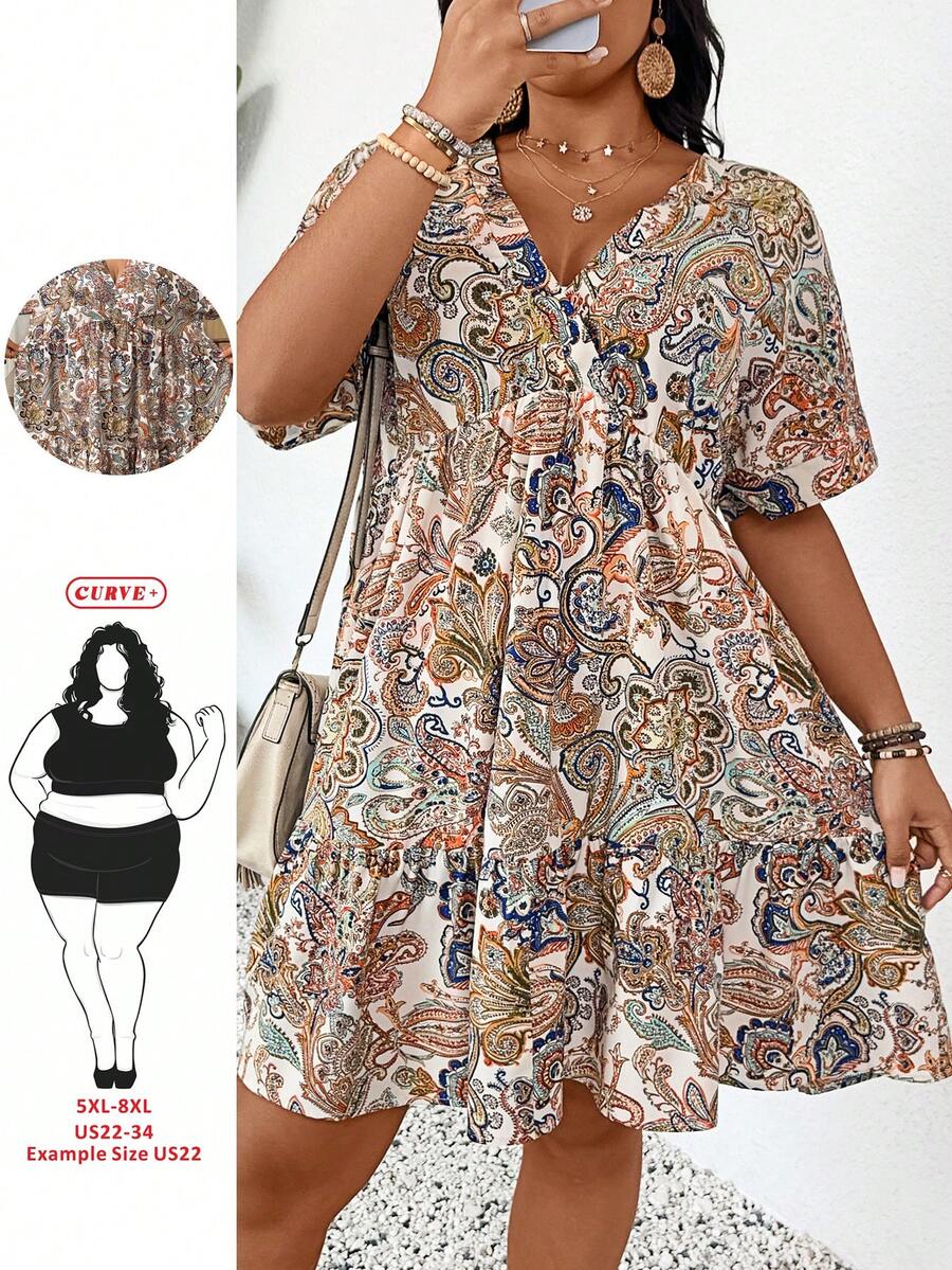 SHEIN CURVE+ 喇叭下摆收腰大码连衣裙，适合乡村音乐会、毕业典礼、夏季、早午餐、母亲节、教堂等场合穿着。