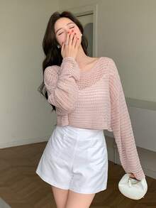 DAZY Hollow Out Cover Up Cover Up With Round Neckline Summer Sheer - Baby Pink - View 7