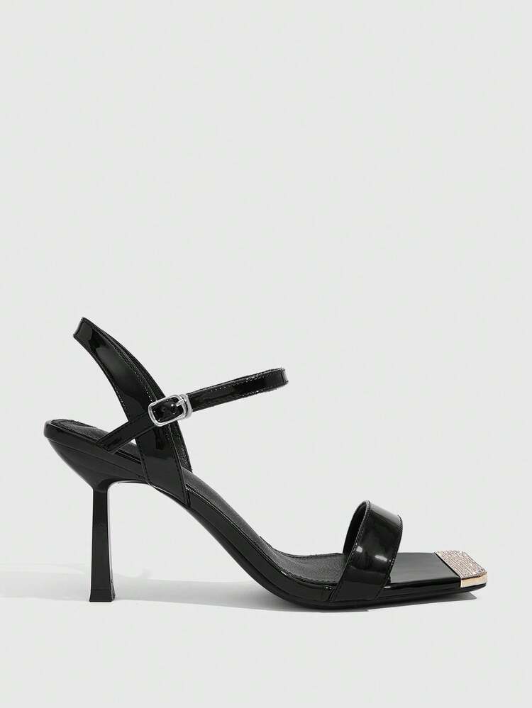 CUCCOO SZL Women's Pointed Toe Thin High Heel Sandals, Black Color With Rhinestones And Metal Toe, Fashionable Sexy Elegant Party Ankle Strap Open Toe High Heels