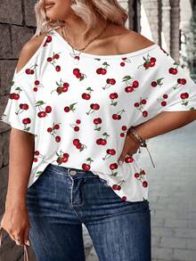 EMERY ROSE Fashionable Casual Retro Basic White Background Red Cherry Print Asymmetric Neck Hollow Neck & Cuff Plus Size T-Shirt - Multicolor - View 4