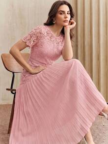 Anewsta New Elegant Lace Patchwork Pleated Hem Design Soft Pink Dress, Summer Dresses For Women, Dresses Tea Party - Pink - View 2