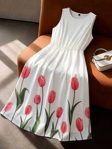GlowEve CURVE Vestido Casual Elegante Feminino Plus Size com Estampa Floral Romântica e Cinto, Adequado para Passeios, Encontros, Uso Diário na Primavera/Verão e Férias - Multicolorido - Visão 1