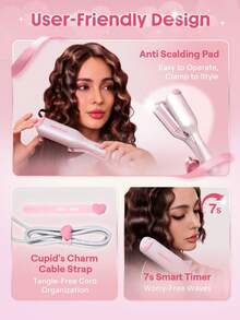 SHEGLAM HAIR 丘比特魅力沙灘寶貝捲髮棒 - 19毫米英式插頭，離子捲髮器，雙管捲髮棒，防燙設計，5000萬離子，10分鐘快速捲髮，智能定時器和可調節溫度，女士易用美髮工具 禮物 粉紅色的 化妝品 海灘 節慶 護髮 Y2K 假期 夏天 美髮配件 重返校園 家 - 淺粉色 - 查看 7