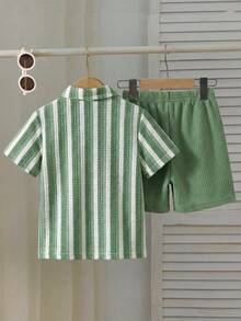 Souflis Souflis 2pcs Young BoyTextured Stripe Knit Shirt And Shorts Set - Green - View 5