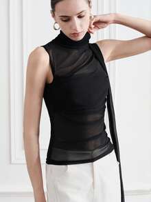 Aveloria Modichic Top de mujer negro elegante y sexy para verano, con malla y lazo, transparente, sin mangas, de cuello alto, ajustado, con forro de punto, para fiesta, club y actuaciones - Negro - Ver 3