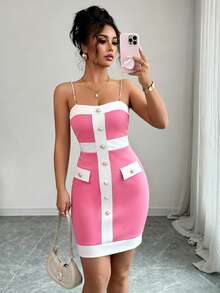 Elenzga Women's Contrast Color Button Design Slim Fit Elegant Camisole Dress - Pink - View 5