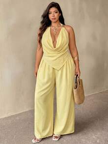Auralis 2-Piece Set Women's Butter Yellow Summer Beach Holiday Elegant Linen Outfits,Square Scarf Hem Halter Top And Wide-Leg Pants Graduation Outfit Sets - Yellow - View 4