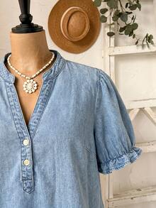 Rusticease Blusa de manga corta de mezclilla vintage lavada de moda para mujer de talla grande - Azul - Ver 7