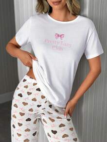 SHEIN Cute Leopard Heart & Bow Print Short Sleeve Casual Pajama Set - Multicolor - View 3