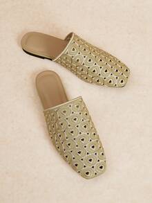 Rosivie Giày nữ thời trang mới, kiểu dệt rỗng, mũi kín, đế bằng, kiểu slip-on, mũi vuông. - Vàng 2 - Xem 1