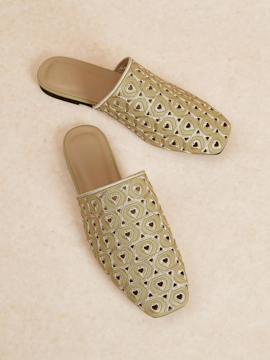 Rosivie Giày nữ thời trang mới, kiểu dệt rỗng, mũi kín, đế bằng, kiểu slip-on, mũi vuông. - Vàng 2 - Xem 1