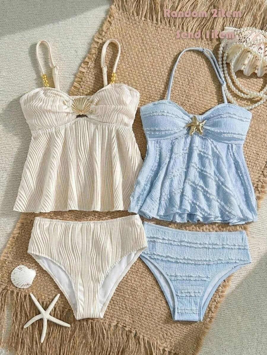 SHEIN Tween Girl Beach Vacation Metal Decor Tankini Set - Apricot - View 1