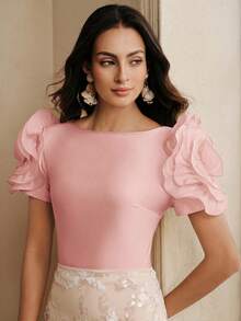 Anewsta Women's Short Sleeve Knit Top With 3D Rose Flower,Dusty Pink,Summer,Elegant,Dinner Date Waist Cinching Shiny Top For Wedding,Party - Dusty Pink - View 5
