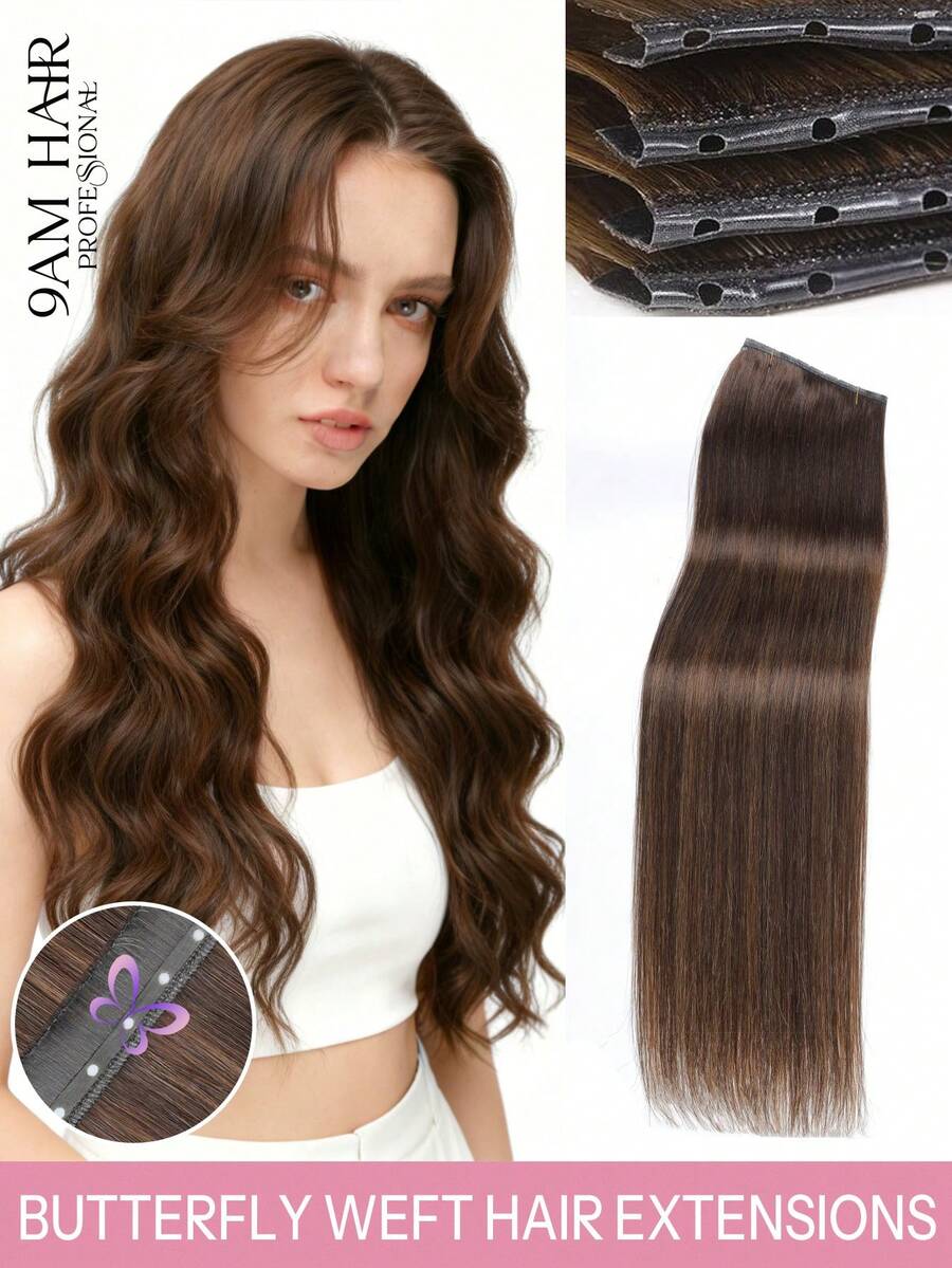 9AM HAIR 蝴蝶结发片，真人发，无胶 OVO PU 孔，手工编织，隐形 DIY 双层发片，直发，1 片装，16 英寸