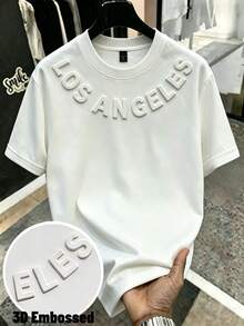 Manfinity Hypemode 男士洛杉磯3D壓花字母T恤，休閒極簡上衣，適合街頭、日常、旅行與聚會，適用於男士、女士、青少年與學生，度假首選 - 白色 - 查看 6
