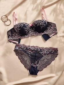 Charlaine Conjunto de lencería de moda con detalles de encaje y lazo floral para mujer - Rosa - Ver 5