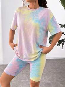 SHEIN EZwear 女士扎染圆领短袖T恤和短裤休闲针织套装 - 彩色 - 查看 3
