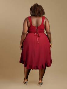 CurvyTilda Plus Size Women's Vintage Burgundy Ruffle Hem Skirt And Burgundy Crop Top 2 Piece Set.Christmas And New Year Outfits, Autumn And Winter Outfits - Burgundy - View 2