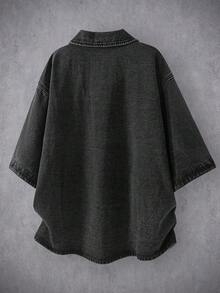 Manfinity Denimwave 男士深灰色夏季街頭休閒牛仔襯衫，復古水洗口袋陰影設計層次上衣，3D剪裁落肩中袖，度假風 - 黑色 - 查看 2
