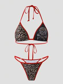 Oceva 2pcs Women's Summer Beach Wear Leopard Print Backless Halter Bikini Set, Suitable For Beach,, Party Polka Dot - Multicolor - View 4