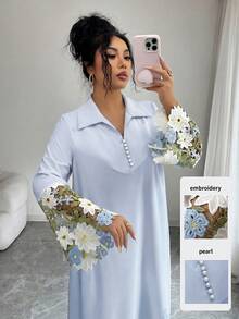 Yasmyna 女士优雅蕾丝拼接喇叭袖宽松阿拉伯风格连衣裙，适合春秋季穿着 - 淺藍色 - 查看 1