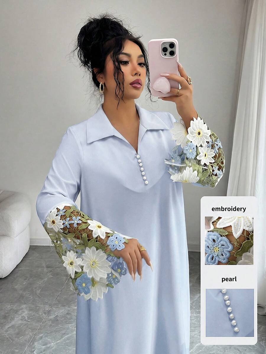 Yasmyna 女士优雅蕾丝拼接喇叭袖宽松阿拉伯风格连衣裙,适合春秋季穿着 - 淺藍色 - 查看 1