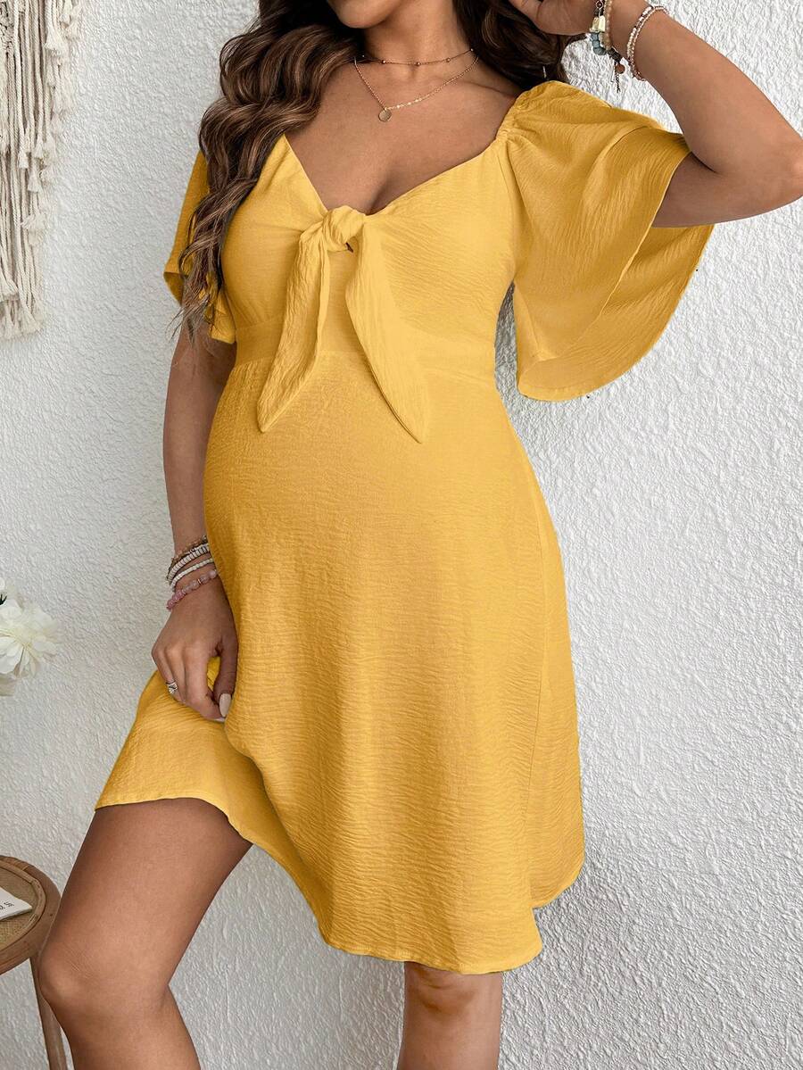SHEIN Maternity Short Sleeve A-Line Midi Dress, Pullover Ruffle Sleeve Half Open Collar Dress - Yellow - View 1