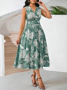SHEIN Lady 女士印花V领裹身无袖中长连衣裙 - 彩色 - 查看 4