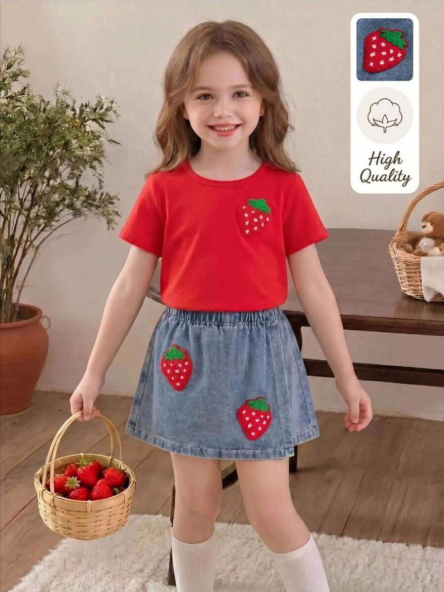 SHEIN Genkimix Kids 返校季女童休闲可爱圆领草莓刺绣装饰短袖T恤搭配纯色水洗复古牛仔裙裤套装，夏季，休闲，可爱，复古